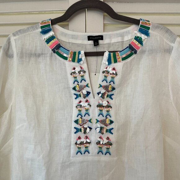 NWT Talbots tunic white embroidered embellished women large linen - Picture 5 of 12